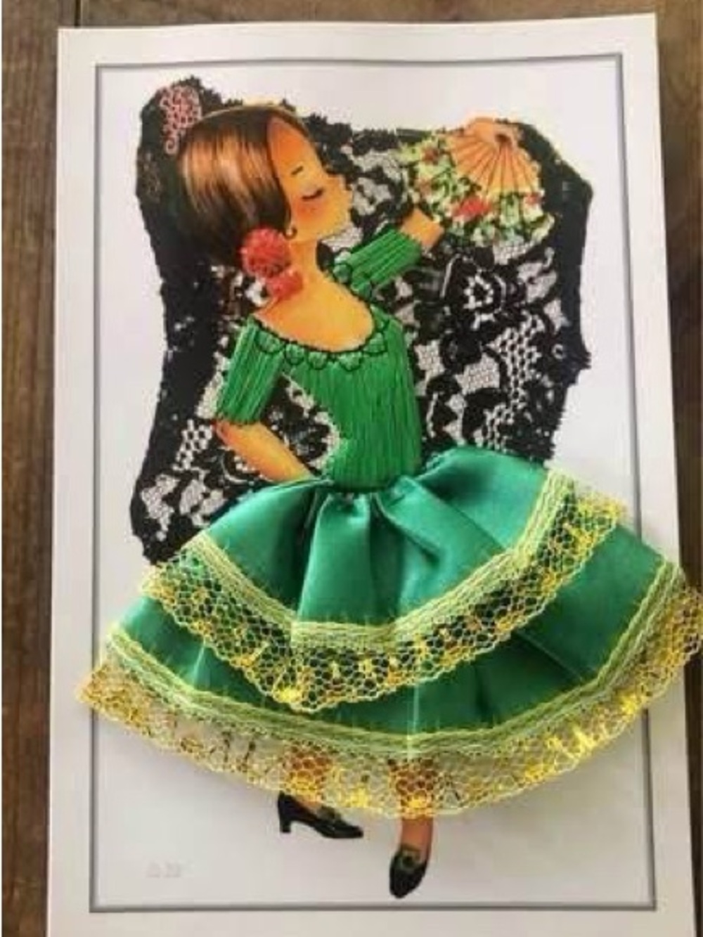 Embroidered Spain Flamenco Girl Dancer Green Dress Postcard.